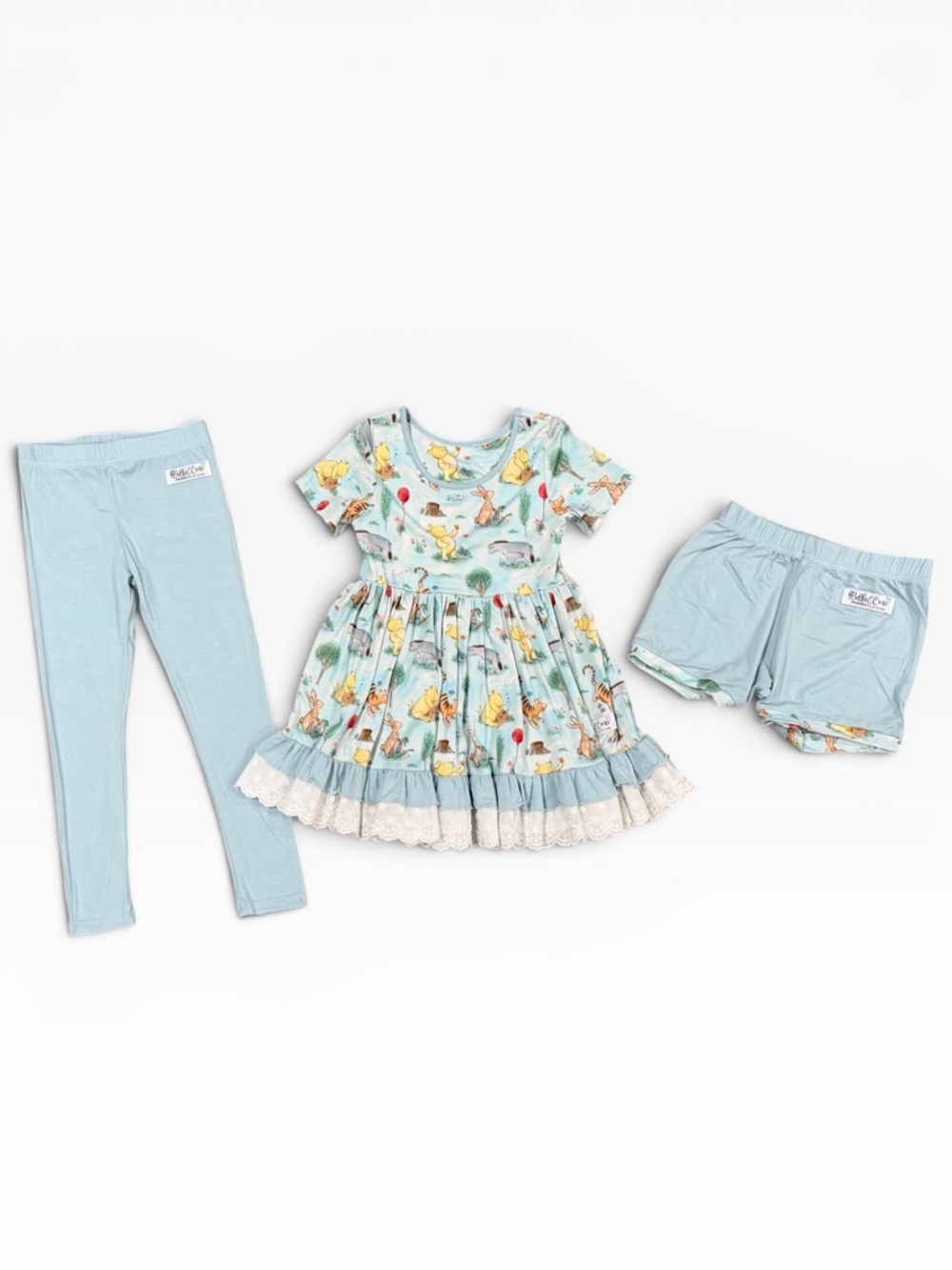 Kids Matching Set - Light Blue Floral Dress with Leggings & Shorts